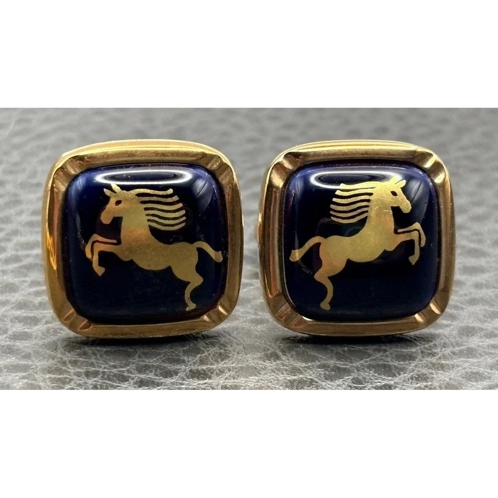 Vintage Made In Japan Gold Tone Cufflinks Navy Blue Enamel Equestrian Horse